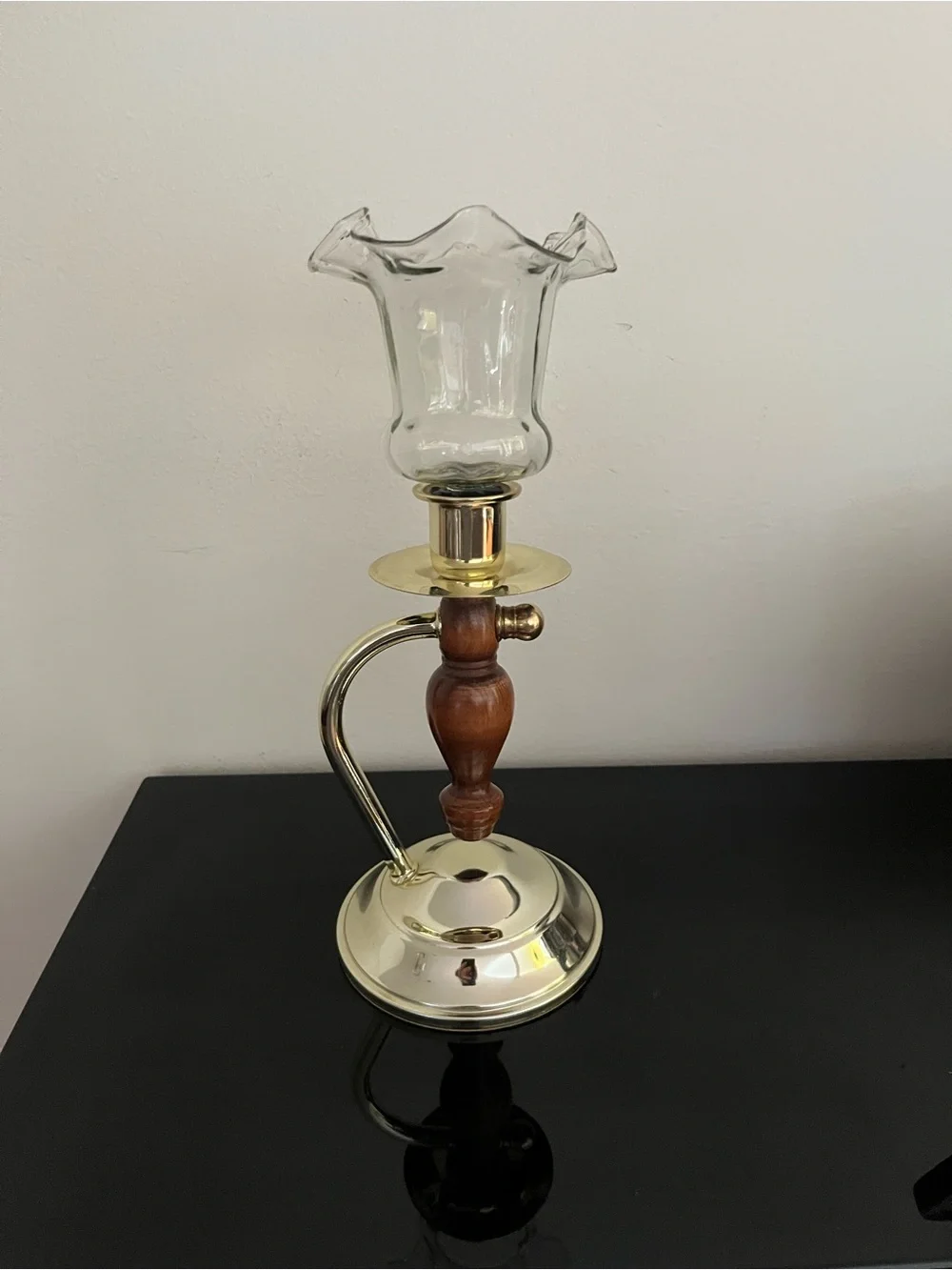 Vintage Convertible Gold-tone Metal & Wood Candle Holder w/ Clear Glass Votive